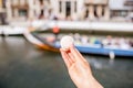 Holding portuguese dessert in Aveiro city