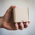 Holding a small plain cardboard box. The box is rectangular with a Royalty Free Stock Photo
