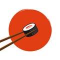 Holding sushi with salmon with chopsticks on an orange background Royalty Free Stock Photo