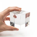 Holding a transparent glass cube with precise edges and clear Royalty Free Stock Photo