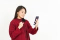 Holding and Using Smartphone of Beautiful Asian Woman Wearing Red Shirt Isolated On White Royalty Free Stock Photo