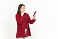 Holding and Using Smartphone of Beautiful Asian Woman Wearing Red Shirt Isolated On White Royalty Free Stock Photo