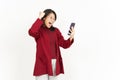 Holding and Using Smartphone Of Beautiful Asian Woman Wearing Red Shirt Isolated On White Royalty Free Stock Photo