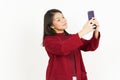 Holding and Using Smartphone Of Beautiful Asian Woman Wearing Red Shirt Isolated On White Royalty Free Stock Photo