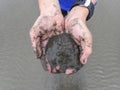 Holding wet sand in hands. Royalty Free Stock Photo