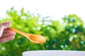 Holding wooden spoon on tree blurred background.Using food composition image.For food with candy and snacks image to package with