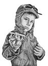 Holds a model airplane in his hands. The boy is playing pilot. Pencil drawing illustration