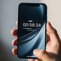 Holds a modern smartphone displaying a countdown timer with 58 Royalty Free Stock Photo