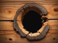 Hole in brown wooden wall or floor. Damage, broken wood surface. Horizontal Royalty Free Stock Photo