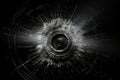 Hole from a bullet shot with cracks on a black background. Generated by artificial intelligence Royalty Free Stock Photo