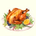 hole christmas or thanksgiving dinner turkey with salad, watercolor illustartion