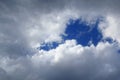 Hole in the cloud. Glimpse of the sky in the clouds. Blue sky breaking through the clouds. A fragment of sky covered by thick