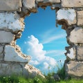 Hole in crumbling stone wall revealing bright blue sky with fluffy clouds broken Royalty Free Stock Photo