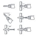 Hole drilling icon - set of drill tools and process of perforation, tightening of screws