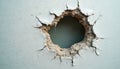 Hole in drywall with visible wire mesh and crumbling plaster. Wall damage, broken structure, home repair. Construction, Royalty Free Stock Photo