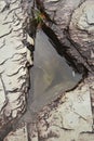 Hole formed by the erosion of river floods in a triangular shape, in white rocks on the banks of the river. Rock characteristic of Royalty Free Stock Photo