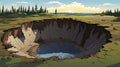 Cartoon Realism: A Comic Image Of A Cracked Sinkhole In A Field