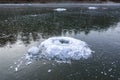 Hole in the ice of the lake. Winter fishing spot