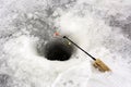 Hole in the ice, a short pole for ice fishing, multi-colored, ye Royalty Free Stock Photo