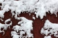 A hole in the metal from corrosion. Rusty texture and snow. Background Royalty Free Stock Photo