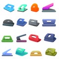 Hole puncher icons set, cartoon style