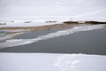 Hole in the thin ice. Someone fell through the ice. Dangerous concept. Freezing and melting time for ice on the water reservoirs i