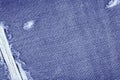 Hole and Threads on Denim Jeans. Royalty Free Stock Photo