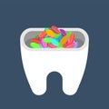 Hole in tooth and candy. Teeth ache from sweet. Caries. Dentist Royalty Free Stock Photo