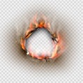Hole torn in ripped paper with burnt and flame Royalty Free Stock Photo