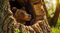 A hole in the trunk of a large flowering tree. A brown bear hangs out of the hole, AI generated
