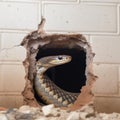 hole in the wall is broken, a snake\'s head protrudes from the hole, close-up