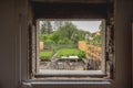 Hole in a window as the old windows were removed and the gap is ready to be closed with installation of new modern windows. House Royalty Free Stock Photo