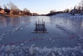 Hole in the winter on the river for swimming