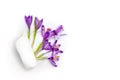 Holes torn in paper with violet crocuses on a white background with space for text. Spring flowers. Top view, flat lay Royalty Free Stock Photo