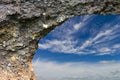 Holes under the road eroded with clouds of skies.