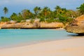Holguin, Guardalavaca Beach, Cuba: Caribbean sea with beautiful blue-turquoise water and gentle sand and palm trees. Paradise land Royalty Free Stock Photo