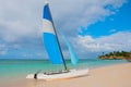 Holguin, Guardalavaca Beach, Cuba: Sailing boat stands on the beach. Royalty Free Stock Photo