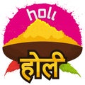 Bowl with Yellow Powder and Signs ready for Holi, Vector Illustration