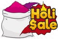 Sack with Colorful Powders and Sign Promoting Holi Sales, Vector Illustration