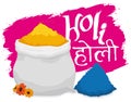 Sack with Yellow and Blue Powders ready for Holi Festival, Vector Illustration