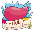 Balloon, Water Splash and Painted Scroll for Holi Festival, Vector Illustration