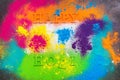 Holi background with colored powder. Holi festival, traditional Indian holiday. Happy holi lettering