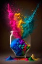 Holi color powder explosion in a glass isolated on dark black background. Color splash party festival concept, rainbow blast. Royalty Free Stock Photo