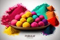 Holi Color Powder With Indian Mithai Gujia Or Gujiya, Gujiya, Pirukiya, Pirukia, Pedakiya, Karanji, Basundi, Kala Jamun, Gulab