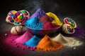 Holi Color Powder With Indian Mithai Gujia Or Gujiya, Gujiya, Pirukiya, Pirukia, Pedakiya, Karanji, Basundi, Kala Jamun, Gulab