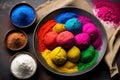 Holi Color Powder With Indian Mithai Gujia Or Gujiya, Gujiya, Pirukiya, Pirukia, Pedakiya, Karanji, Basundi, Kala Jamun, Gulab