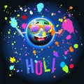 Holi Colors Festival over Earth Globe in space