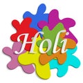 Holi 2019. 3D blots of paint and the inscription Holi. Flyer, banner. Vector graphic. Greeting text. Vector font illustration.