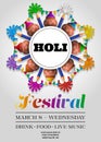 holi festival background with pichkari and gulal. indian colors festival flyer with powder color pots and pennants Royalty Free Stock Photo