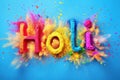 Holi festival celebration. Holi word with bright colorful powder explosion